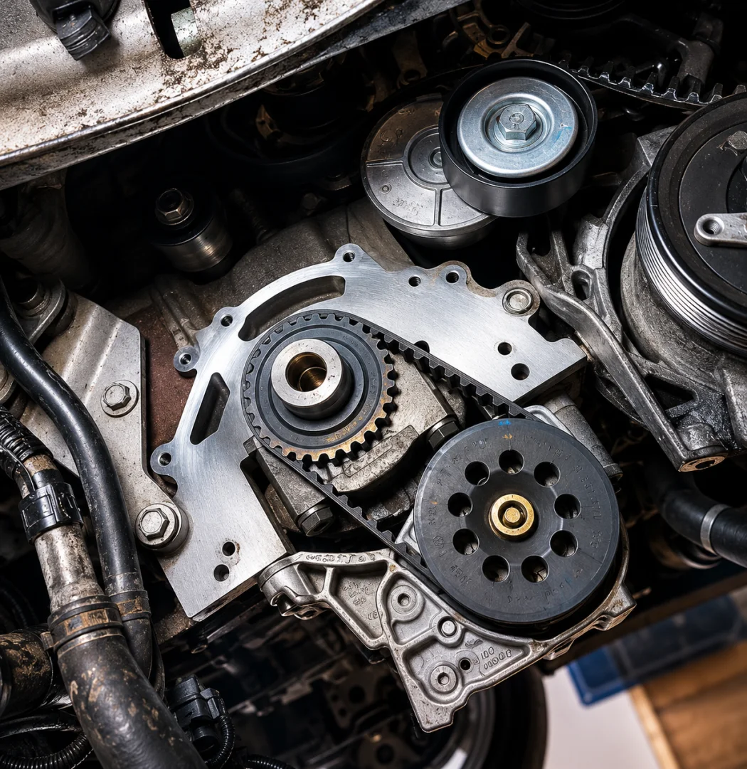 Detail rozvodového řemene, kladek a vodní pumpy v motoru